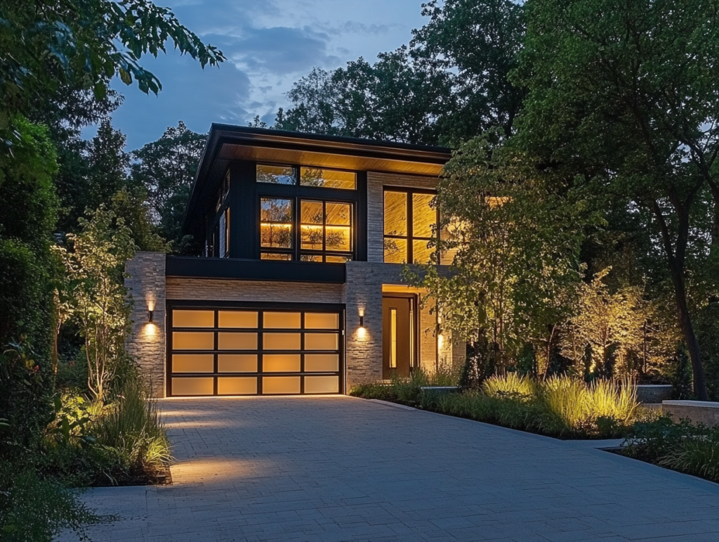 A well-lit outdoor space at night featuring a pathway