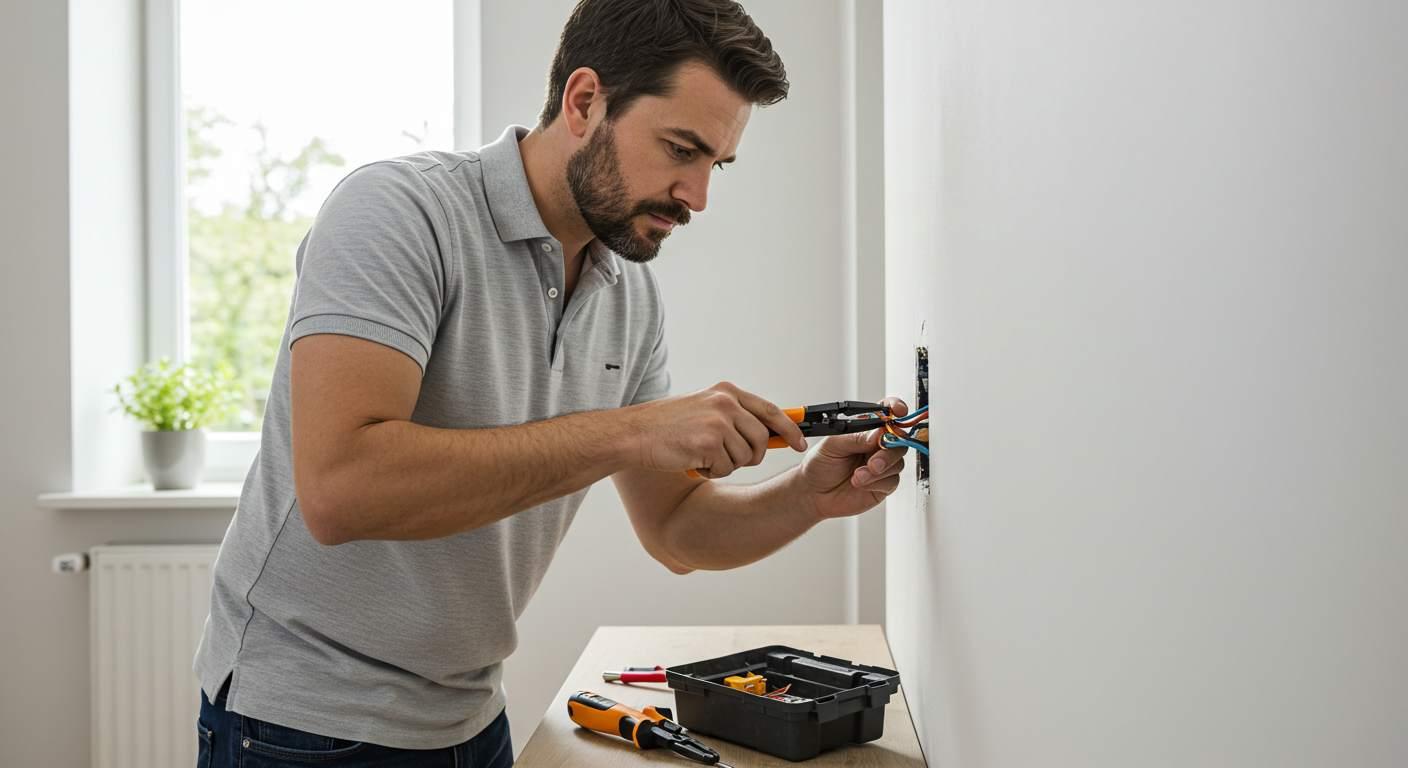 A man in a safety vest installs a power outlet at home
