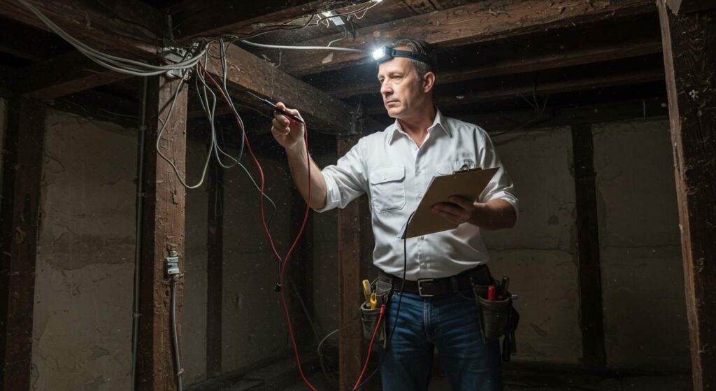 An electrician inspecting old wiring inside a house