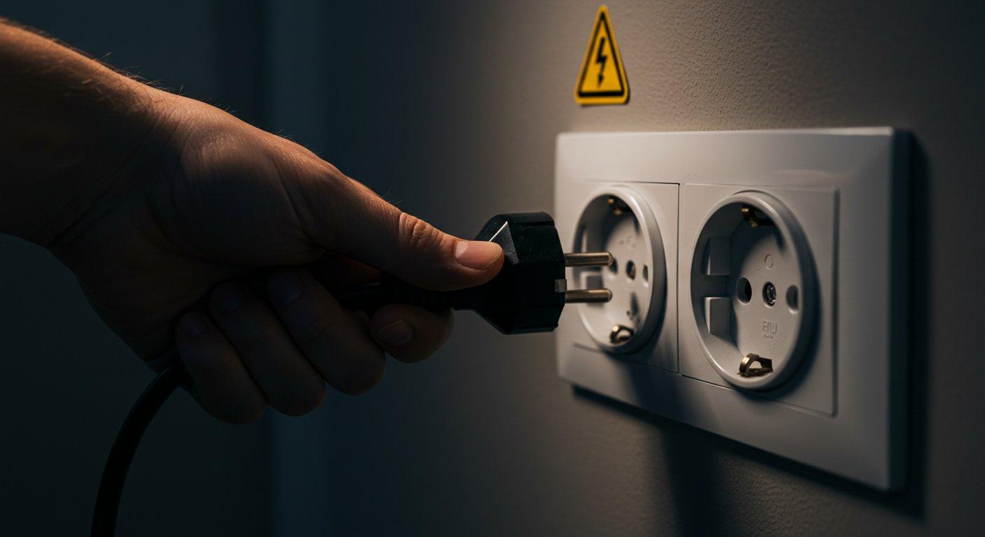 Cinematic close-up of a person’s hand about to plug in an appliance correctly into a safe
