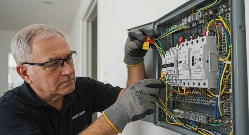 Close-up of hands connecting electrical wires in panel