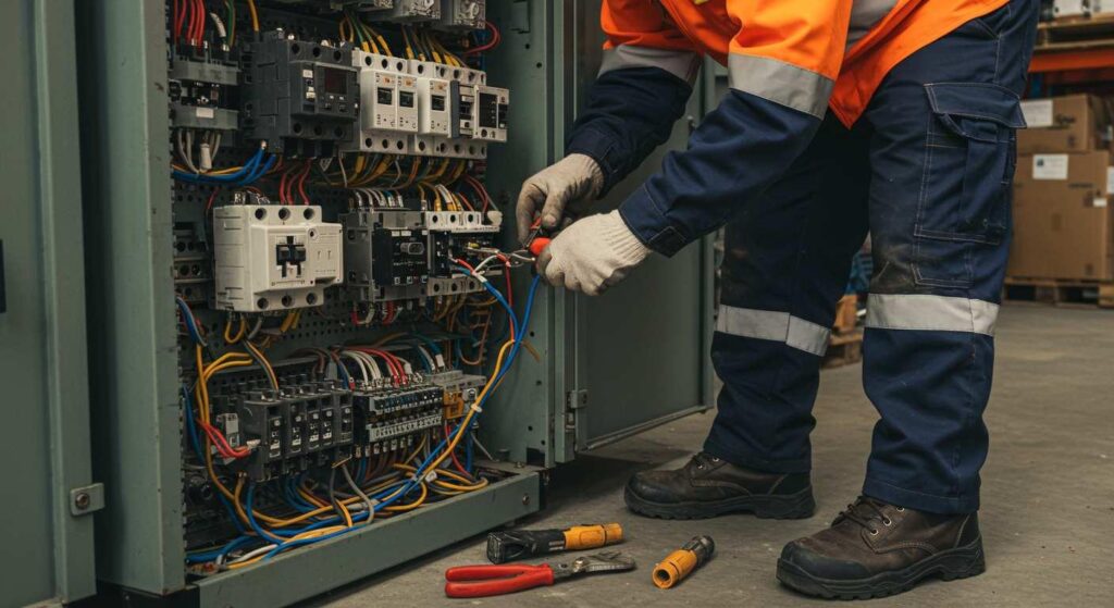 Electrician in safety gear upgrading an electrical switchboard