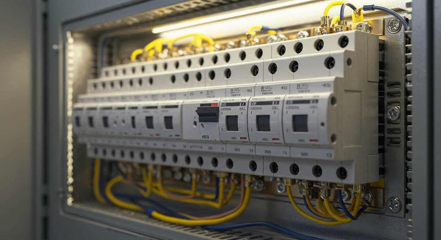 Electrician inspecting modern residential switchboard with tester