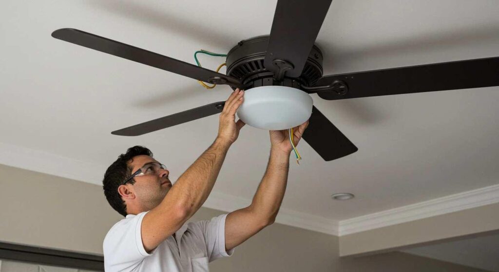 Electrician installing celling fan in Melbourne commercial property