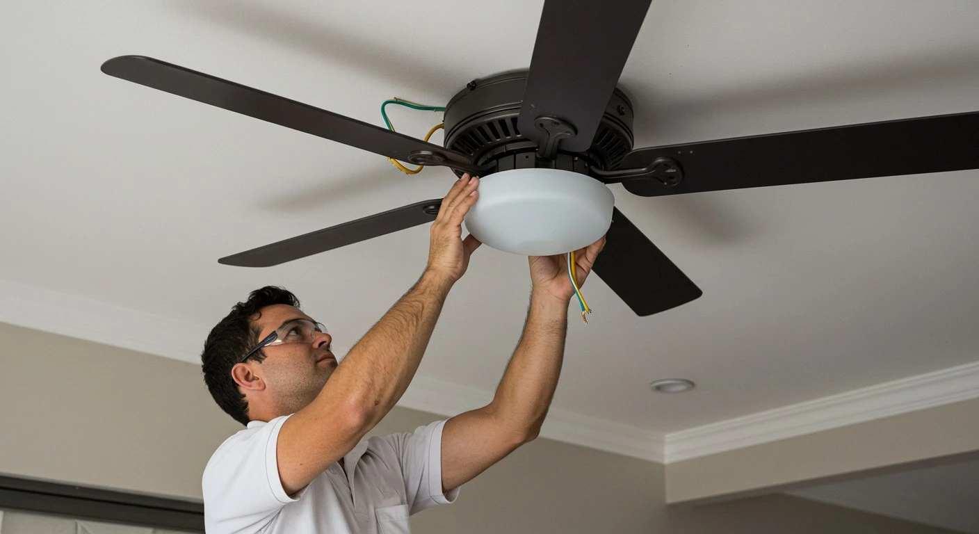 Electrician installing celling fan in Melbourne commercial property