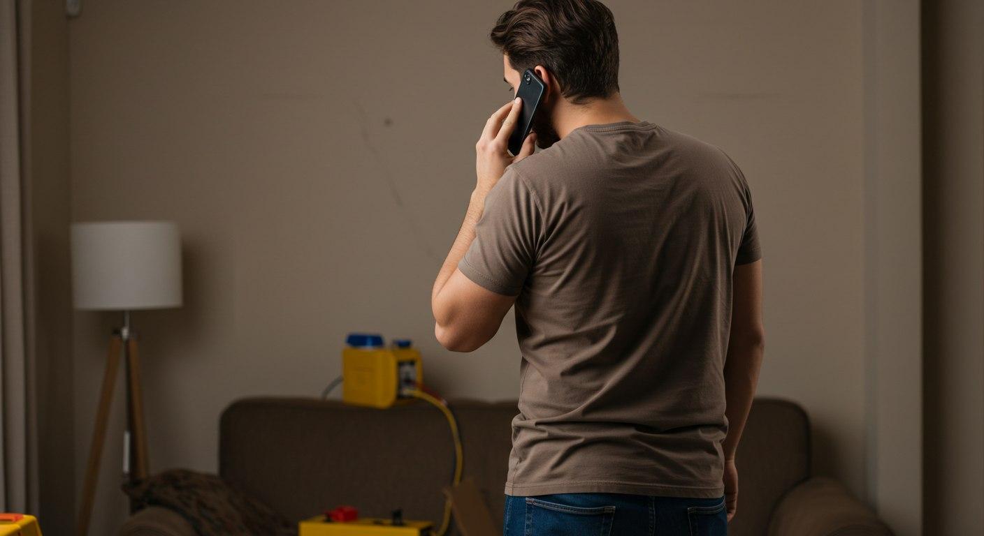 Worried man calling an emergency electrician for an electrical problem at home