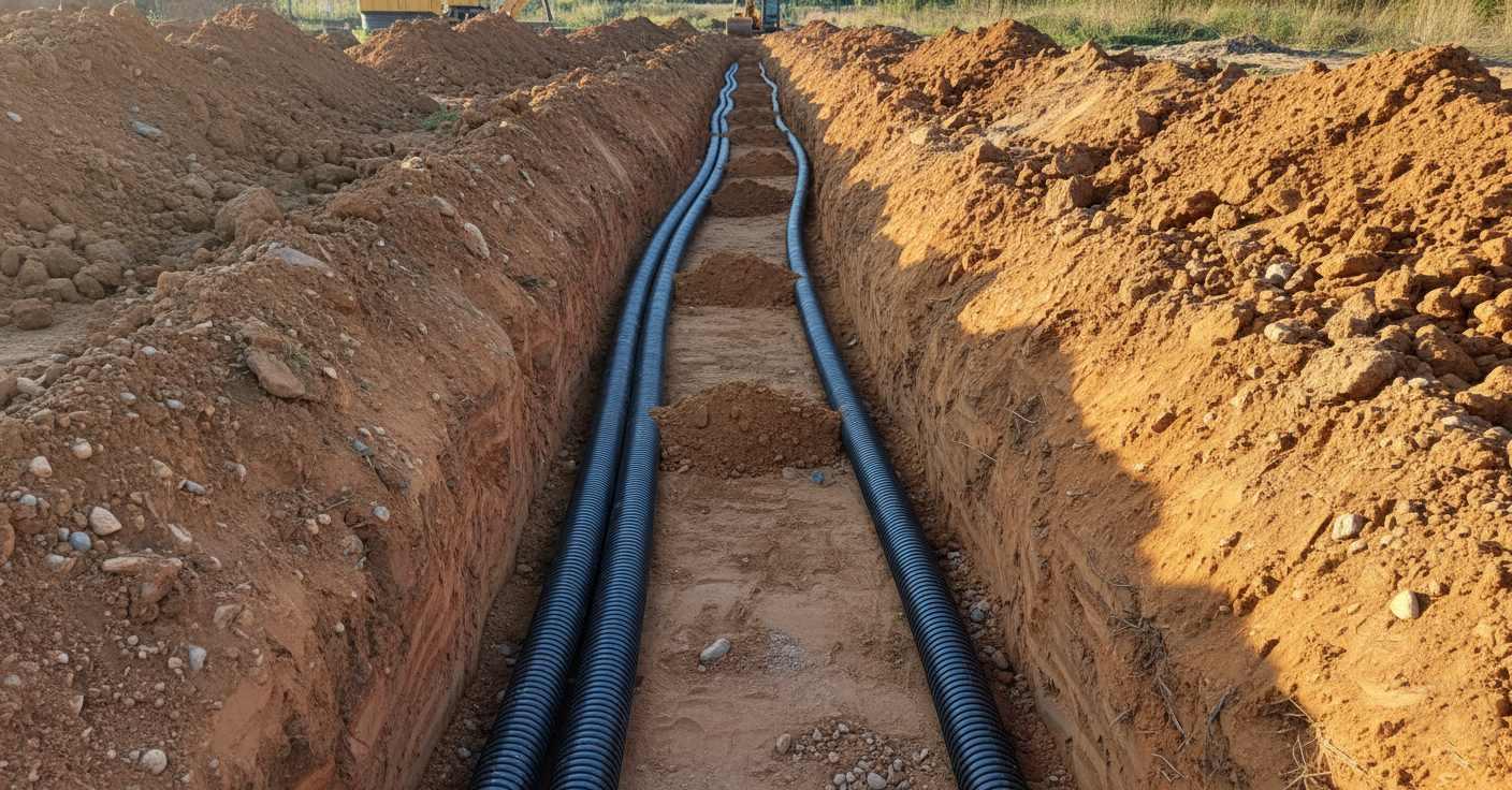Corrugated electrical conduits installed underground in trench
