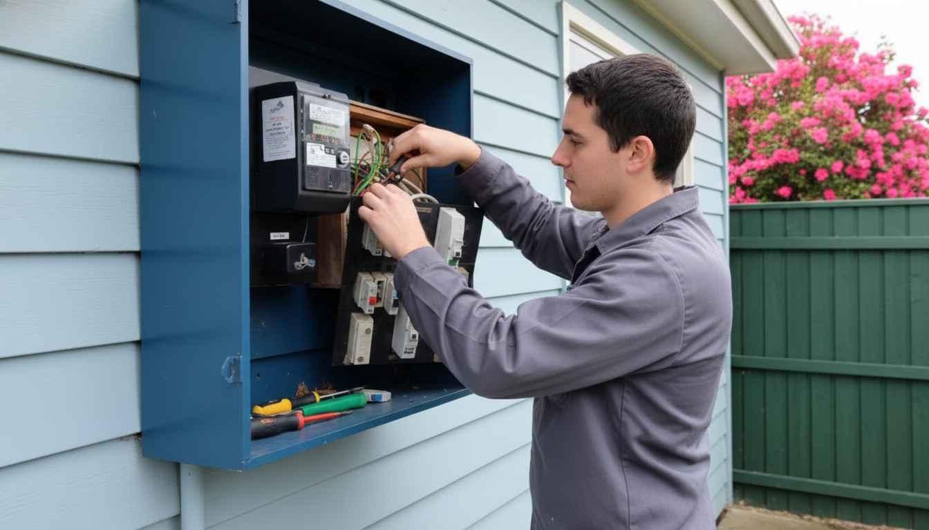 Electrician performing a residential switchboard upgrade outdoors
