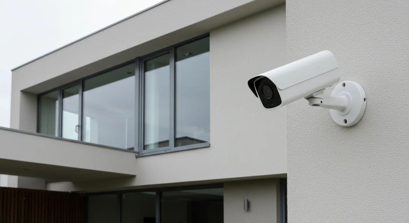 Modern white CCTV camera installed on a commercial building exterior